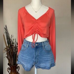 WOMENS LONG SLEEVE CORAL OFF THE SHOULDER CROP TOP